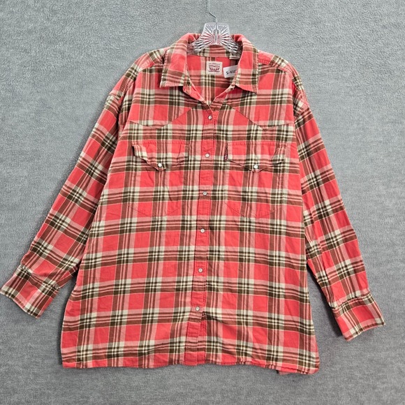 Levi's Women Top XL Pink Dylan Plaid Western Flannel Pearl Snap Button Up Collar - Picture 1 of 11